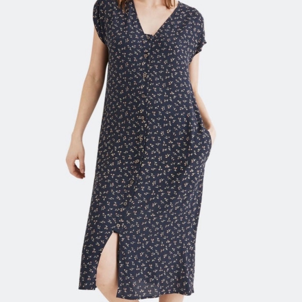 Madewell Navy Blue Floral Button Front Midi Dress V-Neck Cap Sleeve Small